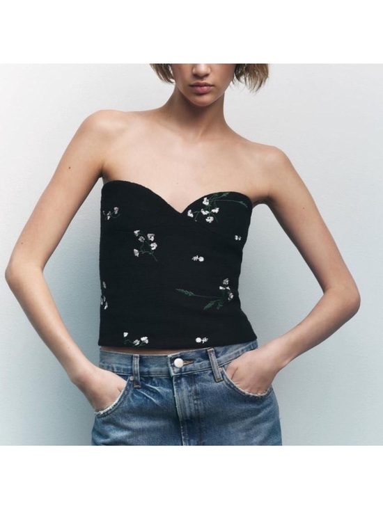 Zara Tops - Zara Embroidered Strapless Floral Bustier
